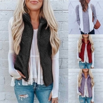 Fashion Solid Color Sleeveless Stand Collar Plush Vest