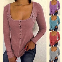 Fashion Solid Color Long Sleeve Lace Spliced T-shirt