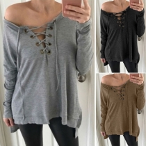 Sexy Lace-up V-neck Slit Hem Long Sleeve Solid Color Top