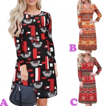 Fashion Long Sleeve High Waist Colorful Printed Dress