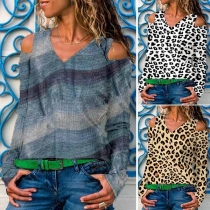 Sexy Contrast Color Deep V-neck Off-shoulder Leopard Printed Shirt