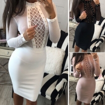 Fashion Solid Color Round-neck Long Sleeve Bead Lace Spliced Over-hip Dress