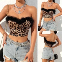 Sexy Strapless Faux Fur Spliced Leopard Print 
