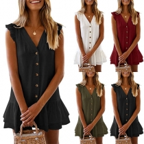 Fashion Sleeveless V-neck Ruffle Hem Single-breasted Dress