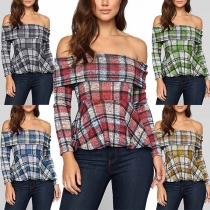 Sexy Off-shouldere Boat Neck Long Sleeve Plaid Top 