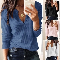 Fashion Solid Color Long Sleeve V-neck T-shirt