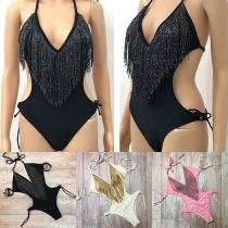 Sexy Backless Tassel Spliced Halter One-piece Swimsuit