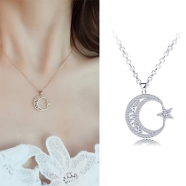 Fashion Rhinestone Inlaid Crescent Pendant Necklace