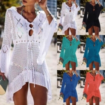 Sexy Trumpet Sleeve V-neck High-low Hem Hollow Out Knit Smock