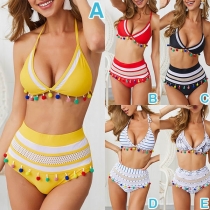 Sexy Colorful Hairball Spliced High Waist Bikini Set