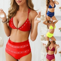 Sexy High Waist Rhinestone Spliced Bikini Set