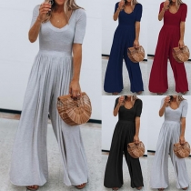 Fashion Solid Color Short Sleeve High Waist Jumpsuit