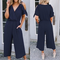 Sexy Off-shoulder V-neck High Waist Solid Color Jumpsuit 