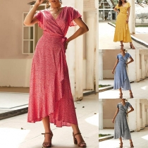 Sexy V-neck Short Sleeve Irregular Hem Printed Dress