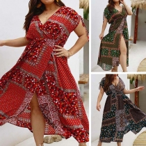 Bohemian V-Neck Slit Hem Oversized Plus-size Printed Dress
