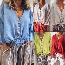 Fashion Long Sleeve V-neck Knotted Hem Top