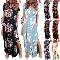 Fashion Short Sleeve V-neck Slit Hem Printed Maxi Dress