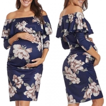 Sexy Off-shoulder Short Sleeve Round Neck Printed Maternity Dress
