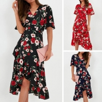 Sexy V-neck Short Sleeve Irregular Hem Printed Dress