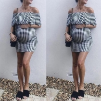 Sexy Off-shoulder Boat Neck Plaid Maternity Dress