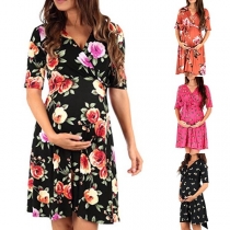 Fashion Short Sleeve V-neck Printed Maternity Dress
