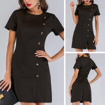 Elegant Solid Color Short Sleeve Single-breasted Dress