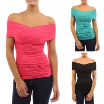 Sexy Crossover Boat Neck Solid Color Slim Fit T-shirt 