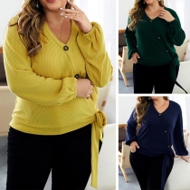 Fashion Solid Color Long Sleeve V-neck Oversized Plus-size Knit Top 