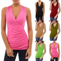Sexy V-neck Sleeveless Solid Color Slim Fit T-shirt 