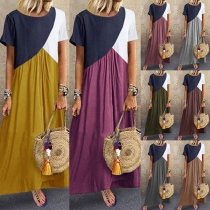 Fashion Contrast Color Short Sleeve Round Neck Maxi Dress