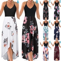 Sexy Backless V-neck High-low Hem Printed Sling Dress