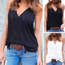 Fashion Sleeveless Lace-up V-neck Embroidery Top