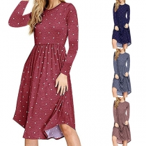 Fashion Long Sleeve Round Neck Dots Printed Dress