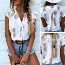 Fresh Style Lotus Sleeve V-neck Printed Top