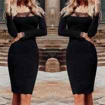 Sexy Lace Spliced Boat Neck Long Sleeve Tight Dress