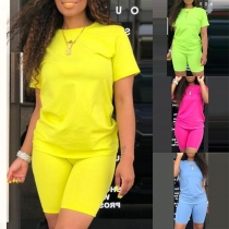 Fashion Solid Color Short Sleeve T-shirt + Shorts Two-piece Set 