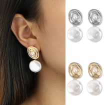 Retro Style Imitation Pearl Inlaid Ellipse Shaped Stud Earrings 