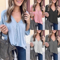 Fashion Solid Color Puff Sleeve V-neck T-shirt