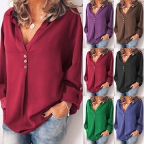 Fashion Solid Color Long Sleeve V-neck Loose Blouse 