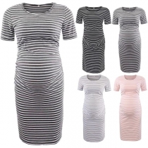 Fashion Short Sleeve Round Neck Striped Maternity Dress