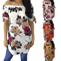 Sexy Off-shoulder Boat Neck Short Sleeve Printed Top