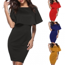Elegant Solid Color Slim Fit Ruffle Dress
