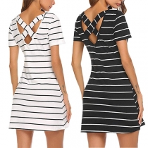 Sexy Crossover Backless Short Sleeve Striped Dress