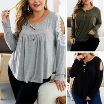 Sexy Hollow Out Lace Spliced Long Sleeve Oversized Plus-size Top