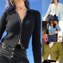 Fashion Solid Color Long Sleeve POLO Collar Knit Top 