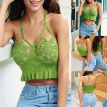 Sexy Backless V-neck Hollow Out Knit Halter Crop Top