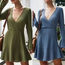 Sexy V-neck Long Sleeve Ruffle Hem Knit Dress  