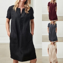 Fashion Solid Color Short Sleeve V-neck Loose Dress  