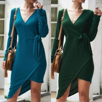 Sexy V-neck Long Sleeve Irregular Hem Solid Color Knit Dress