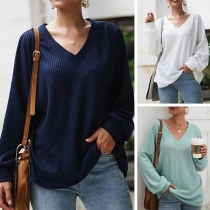 Fashion Solid Color Long Sleeve V-neck Loose Knit Top 